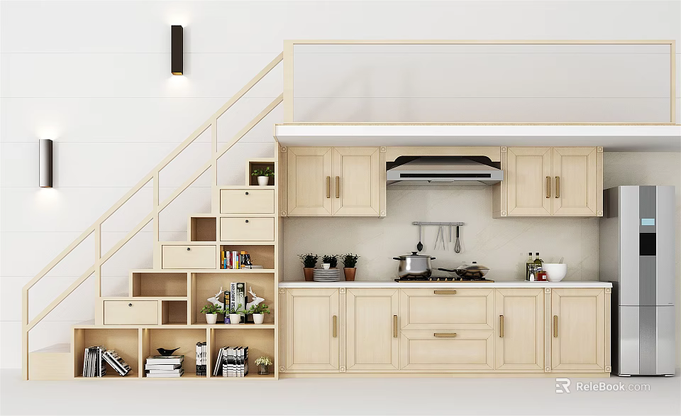 Modern Light Wood Kitchen Cabinets Interior With Countertop Storage And Plants 3d model