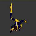 Animated Game Movie Character In Blue Yellow Suit With Brown Hair Kneeling And Observing