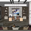 Modern Office Interior Design With Sofa Armchairs Coffee Table Chandelier Bookshelves And Plants