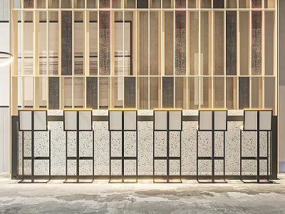 Modern Hotel Lobby Interior With Grille Partition And Marble Counter Design 3d model