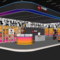 Contemporary Exhibition Booth Design With Colorful Neon Lights Backdrop And Product Shelves