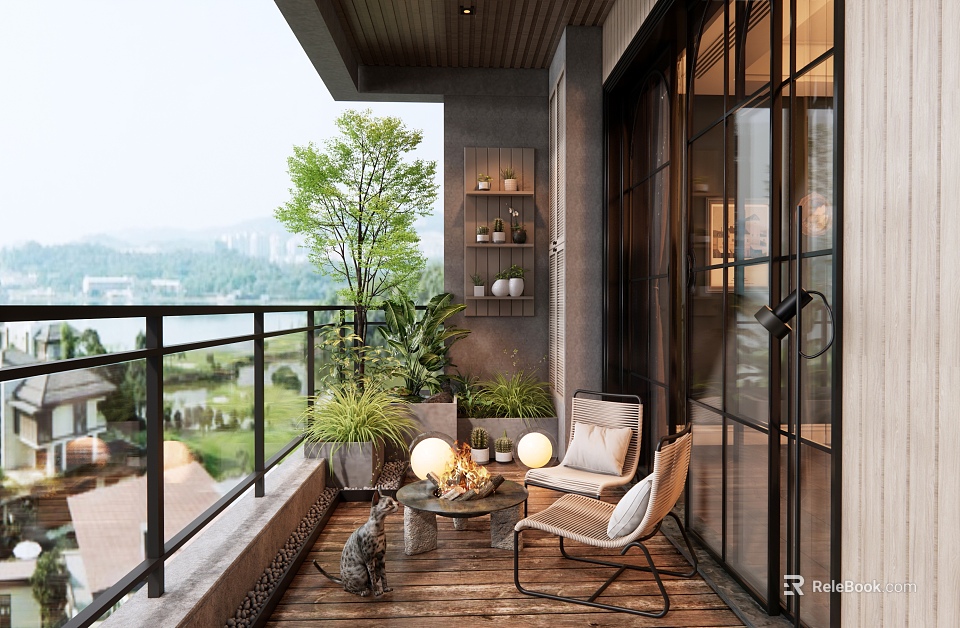 Modern Home Balcony Featuring Comfortable Chairs Coffee Table Green Plants Wooden Floor Glass Door And Lake View 3d model 