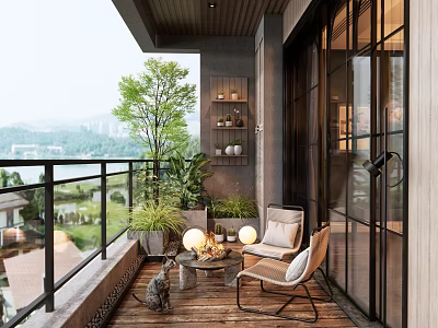 Modern Home Balcony Featuring Comfortable Chairs Coffee Table Green Plants Wooden Floor Glass Door And Lake View 3d model