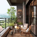 Modern Home Balcony Featuring Comfortable Chairs Coffee Table Green Plants Wooden Floor Glass Door And Lake View