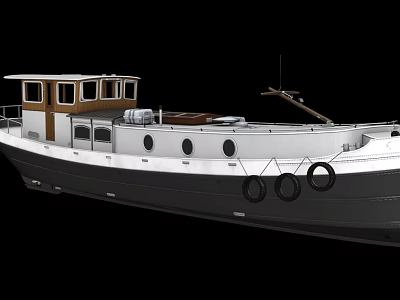 Elegant Classic Yacht Exterior With Wooden Upper Cabin Round Windows And Deck Area 3d model
