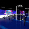 Neon Lit Corridor With Glowing Line Frames Colorful Walls And People Walking
