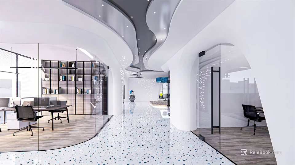 Modern Public Office Space Interior With Glass Partitions Bookshelves And Curved Ceiling 3d model 