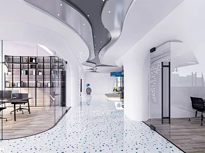 Modern Public Office Space Interior With Glass Partitions Bookshelves And Curved Ceiling 3d model