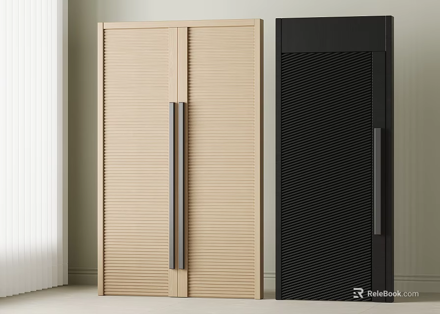 Light Wood And Black Double Door With Vertical Stripes Grid Texture And Silver Handles 3d model 
