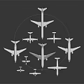 Multiple White Model Airplanes of Various Sizes on Dark Background 3d model