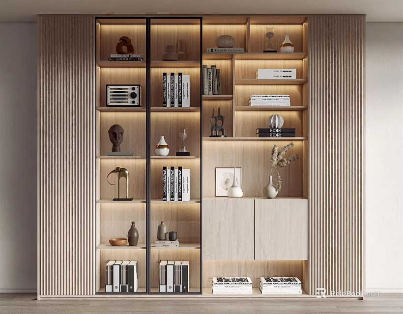 Modern Wooden Built-in Bookcase Interior Design With Glass Doors Books Decorations And Lighting 3d model 