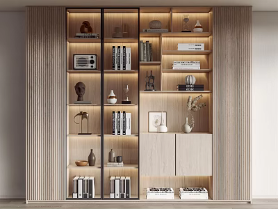Modern Wooden Built-in Bookcase Interior Design With Glass Doors Books Decorations And Lighting 3d model