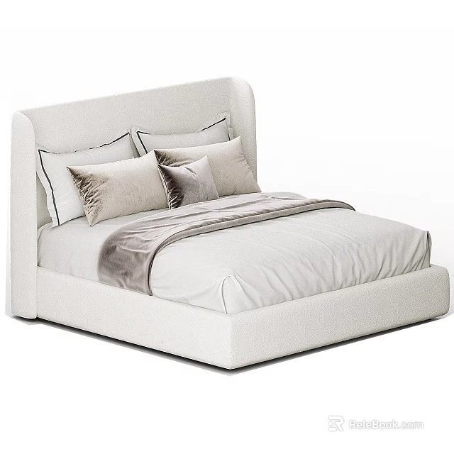 Elegant Modern Double Bed With Soft Upholstered Headboard Beige Pillows And Grey Blanket 3d model 