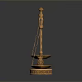 Ornate Golden Balance Scale With Decorative Base And Hanging Pans For Daily Living