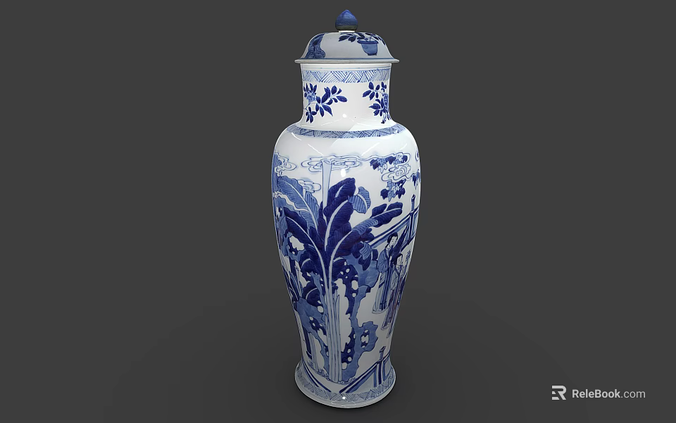 Blue and White Ceramic Vase with Traditional Floral Patterns and Decorative Lid 3d model 