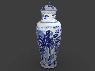 Blue and White Ceramic Vase with Traditional Floral Patterns and Decorative Lid 3d model