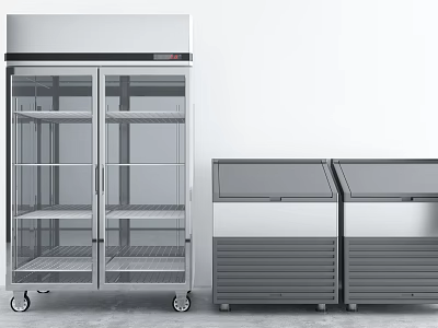 Double Door Glass Refrigerator With Multiple Shelves And Two Gray Chest Freezers On Wheels 3d model