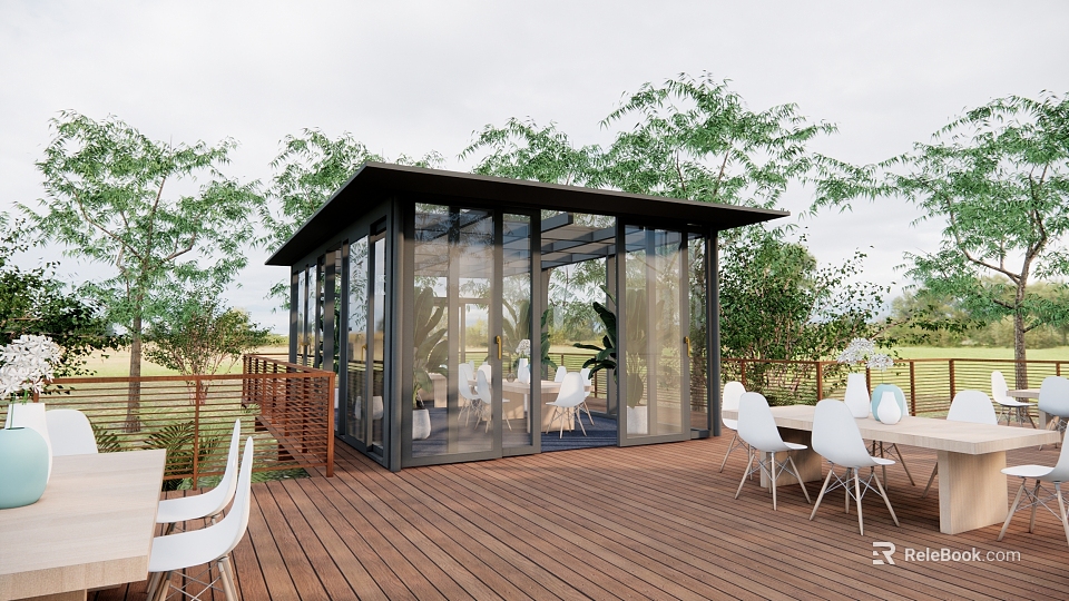 Elegant Glass Pavilion On Outdoor Wooden Deck With Green Plants And White Chairs 3d model 