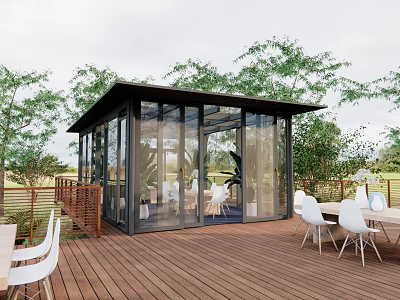 Elegant Glass Pavilion On Outdoor Wooden Deck With Green Plants And White Chairs 3d model