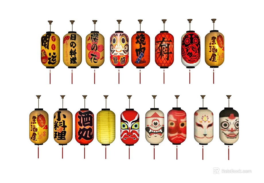 Traditional Chinese Lanterns with Colorful Designs Chinese Characters and Face Patterns 3d model 