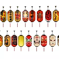 Traditional Chinese Lanterns with Colorful Designs Chinese Characters and Face Patterns