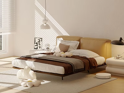 Modern Double Bed with Beige Headboard Pillows Bedspread Nightstand Table Lamp Sunlight in Minimalist Bedroom 3d model