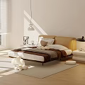 Modern Double Bed with Beige Headboard Pillows Bedspread Nightstand Table Lamp Sunlight in Minimalist Bedroom