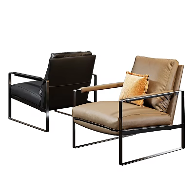 Two Black And Brown Leisure Chairs With Metal Frames And Yellow Cushion 3d model