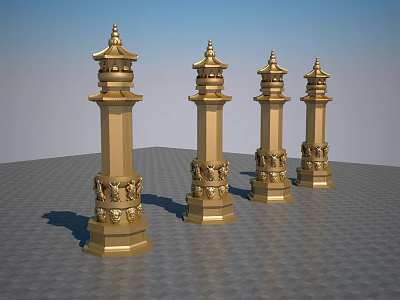 Golden Traditional Pagodas With Carved Bases And Tiered Roofs In Row 3d model