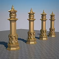 Golden Traditional Pagodas With Carved Bases And Tiered Roofs In Row