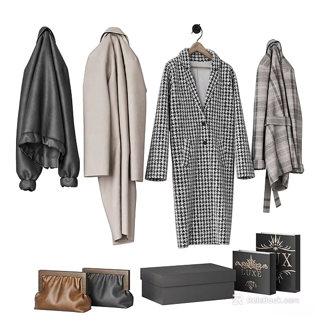 Stylish Hanging Coats Featuring Plaid And Solid Color Designs With Decorative Boxes 3d model