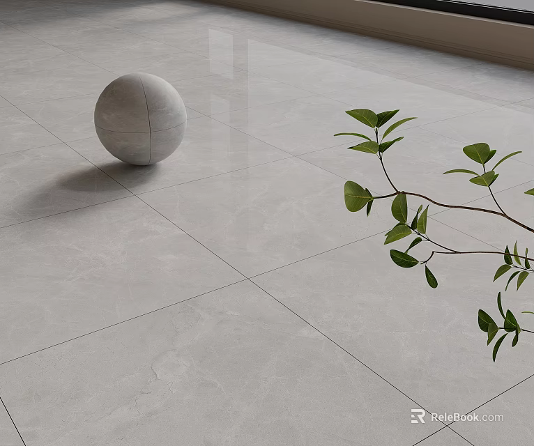 Gray Marble Sphere And Green Leaf Branch On Light Colored Tiled Floor 3d model 