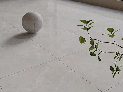 Gray Marble Sphere And Green Leaf Branch On Light Colored Tiled Floor 3d model
