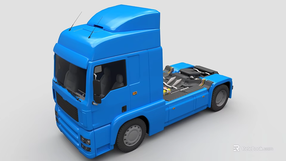 Blue Tractor Truck Cab With Exposed Chassis Structure And Wheel Details 3d model 
