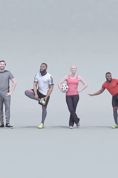 Group of People Stretching and Holding Soccer Balls During Warm Up 3d model Group of People Stretching and Holding Soccer Balls During Warm Up 3d model