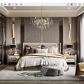 Elegant Modern Bedroom Interior With Crystal Chandelier King Bed Textured Wall Bedside Tables And Armchair