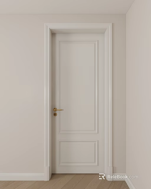 Modern Light Colored Hinged Door With Golden Handle And Panel Design 3d model 