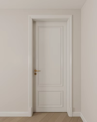 Modern Light Colored Hinged Door With Golden Handle And Panel Design 3d model