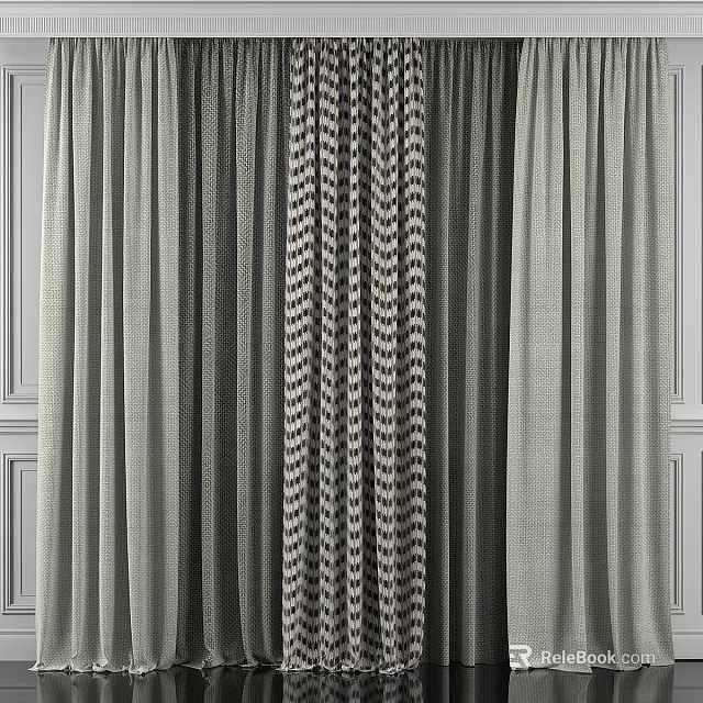 Gray Textured Curtains With Patterned Middle Panel And Geometric Design For Home Window Decoration 3d model