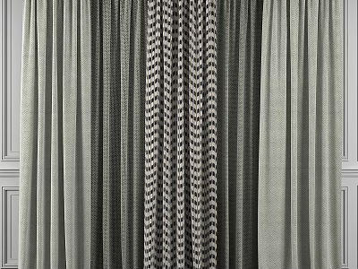 Gray Textured Curtains With Patterned Middle Panel And Geometric Design For Home Window Decoration 3d model