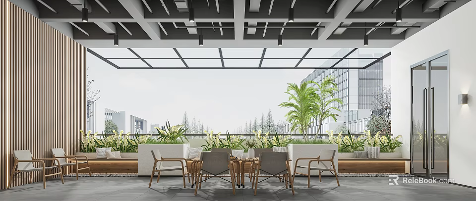 Modern Outdoor Café Terrace With Wooden Tables Chairs Green Plants And Glass Facade 3d model 