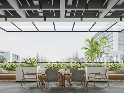 Modern Outdoor Café Terrace With Wooden Tables Chairs Green Plants And Glass Facade 3d model