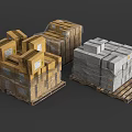 Stacked Wrapped Boxes on Wooden Pallets with Yellow Cardboard and Gray Packages