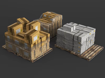 Stacked Wrapped Boxes on Wooden Pallets with Yellow Cardboard and Gray Packages 3d model