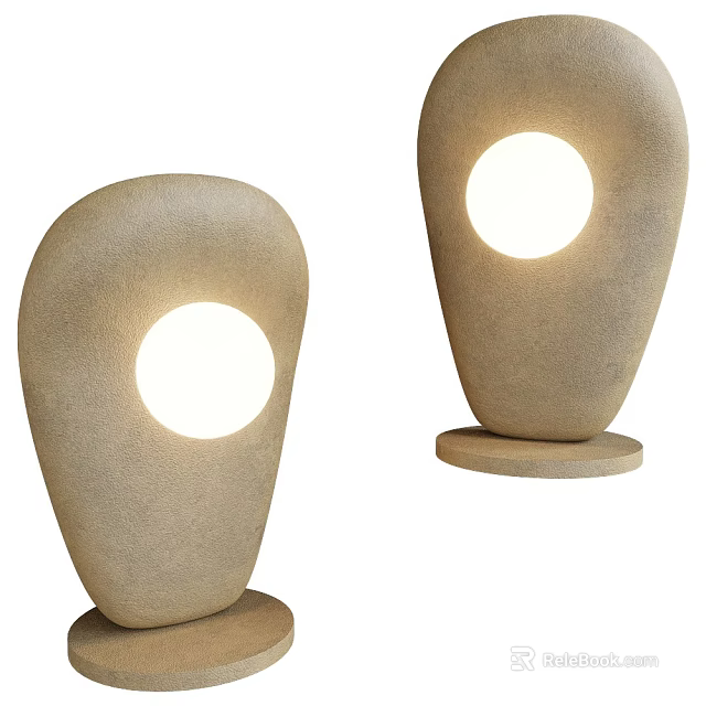 Two Modern Textured Stone Table Lamps Featuring Organic Irregular Shape And Circular Illuminated Panel 3d model