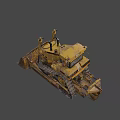 Yellow Rusty Heavy Duty Bulldozer Construction Vehicle With Large Tracks And Blade