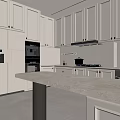 Modern White Kitchen Interior With Marble Island Counter Cabinets And Stainless Steel Appliances