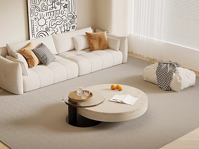 Modern Living Room Interior With Beige Sofa Decorative Cushions And Round Coffee Table 3d model