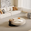 Modern Living Room Interior With Beige Sofa Decorative Cushions And Round Coffee Table