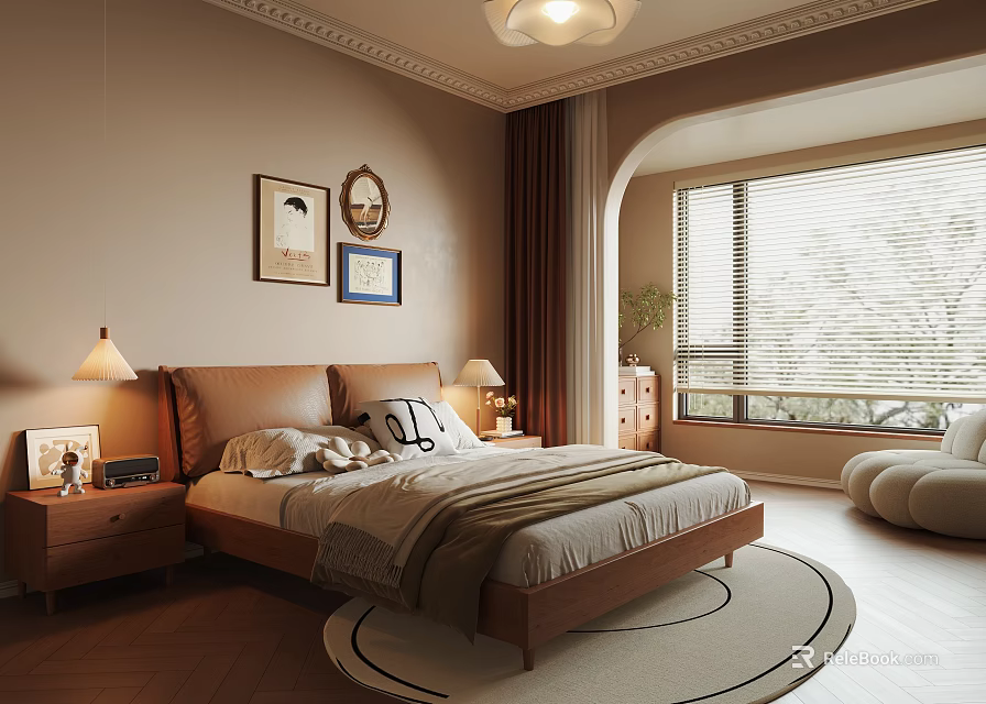 Warm Toned Bedroom Interior With Wooden Bed Table Lamps Decorative Paintings And Round Rug 3d model 